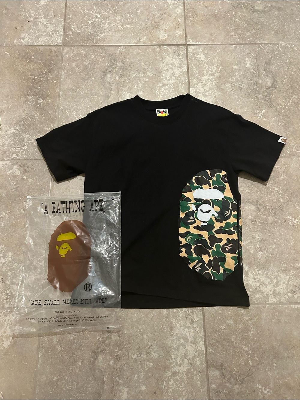 Bape Black Short-Sleeve Tee with Green Tan Camo Ape Head